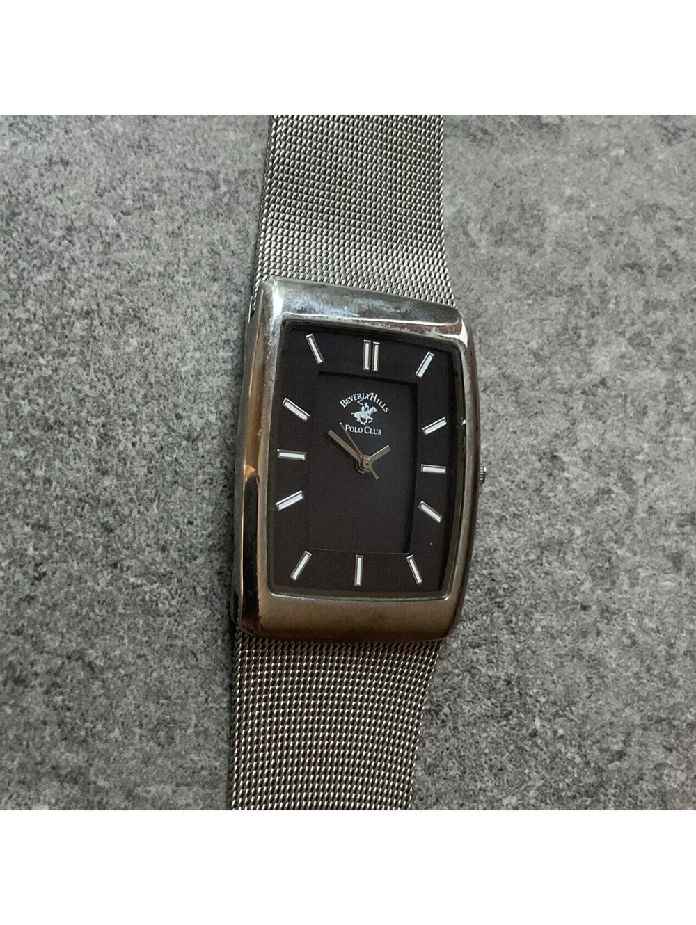 Vintage Beverly Hills Polo Club Mens Tank Style Watch 31mm Silver Tone Case A2